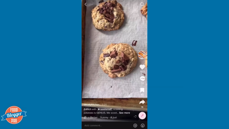 Blue slide with Food Blogger Pro logo and screenshot of a TikTok Stitch