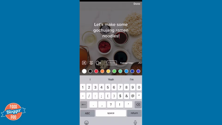 Blue slide with Food Blogger Pro logo and screenshot of creating a Story on TikTok