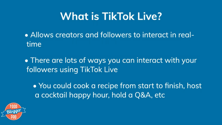 Blue slide with Food Blogger Pro logo that reads 'What is TikTok Live?' with some description text