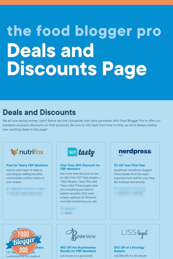A blue screenshot of the Deals and Discounts Page that reads "The Food Blogger Pro Deals and Discounts Page" with the Food Blogger Pro logo