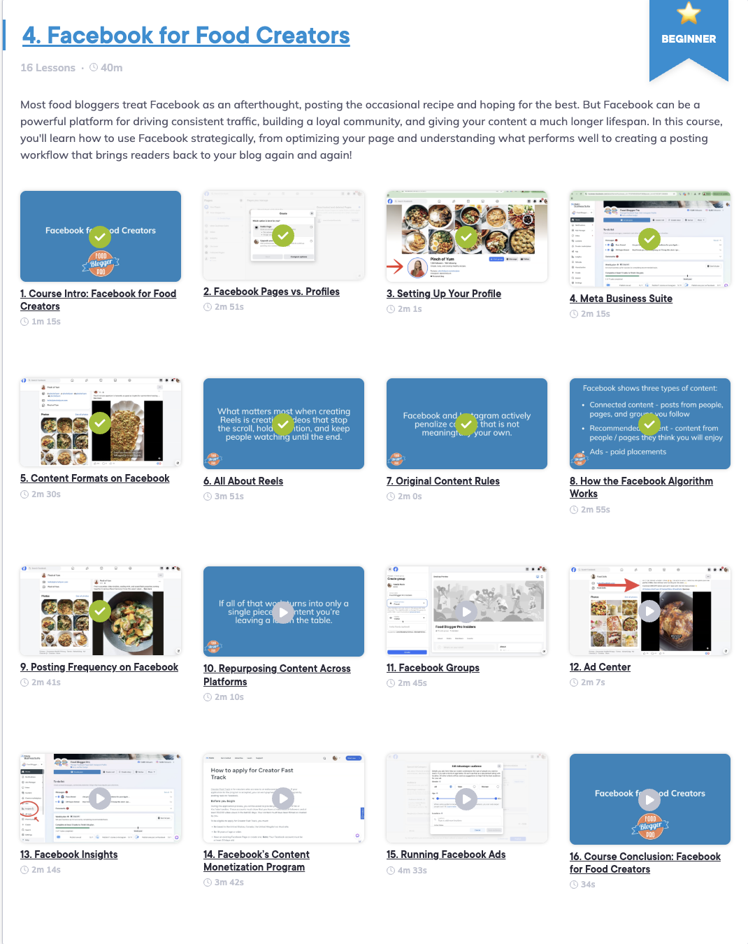 An overview of the lessons in the Facebook course