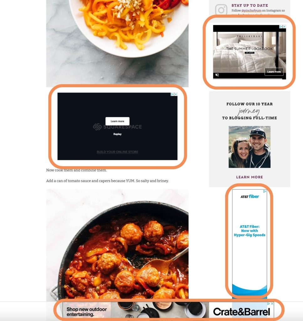 Screen shot of a Pinch of Yum recipe page with the ads circled in orange.
