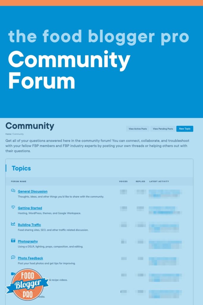 Blue image of the Community homepage that reads "the food blogger pro community forum" with the food blogger pro logo