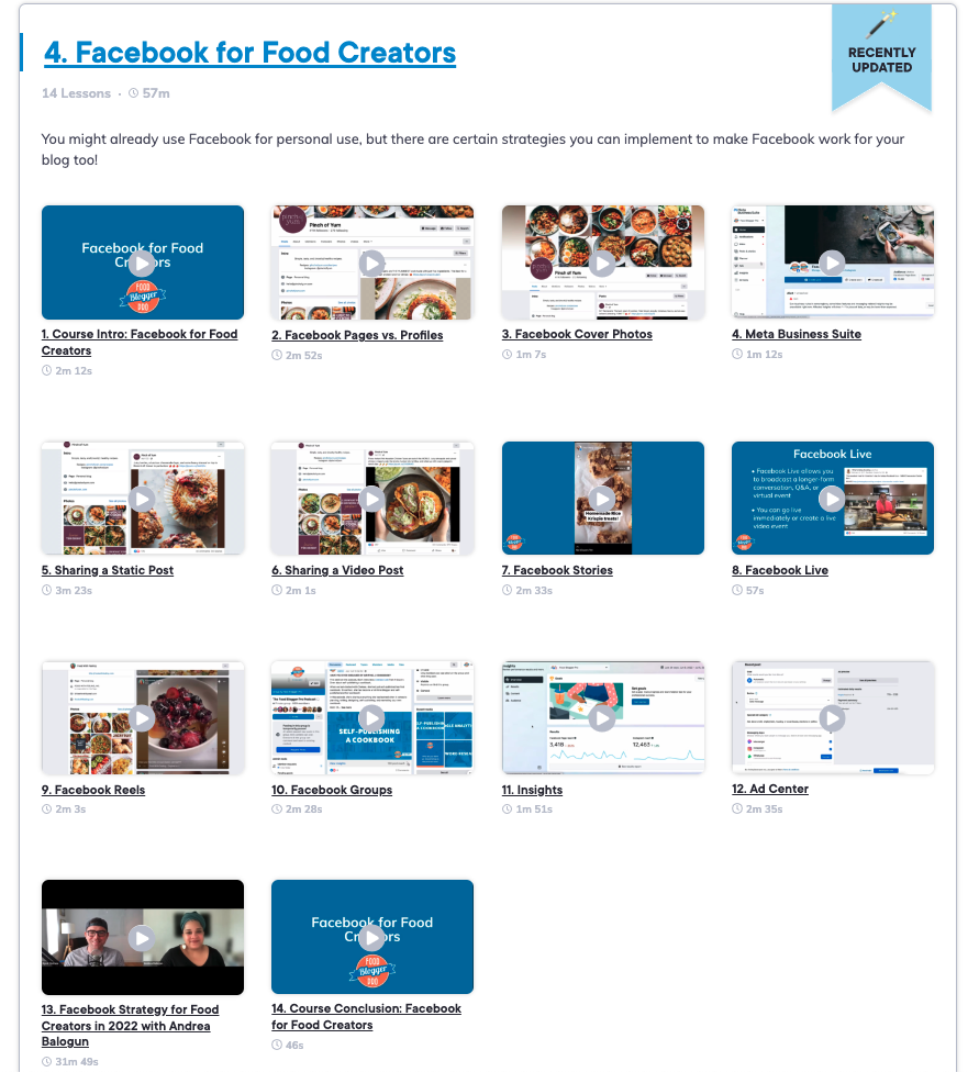 screenshot of the facebook for food creators course