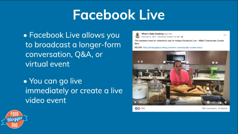 Blue slide with Food Blogger Pro logo with text and images about Facebook Live