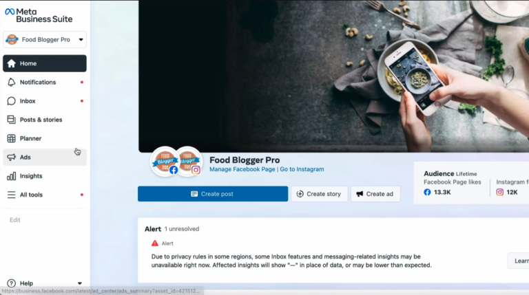 Meta Business Suite for the Food Blogger Pro Facebook account