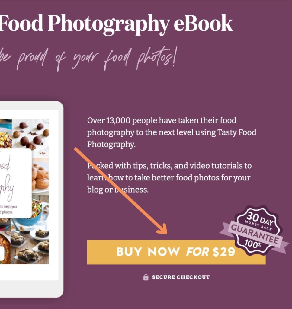 The tasty food photography ebook product page with an arrow pointing towards the call-to-action button that reads "buy now for $29"