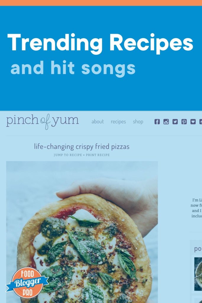 A blue photograph of the recipe for a crispy fried pizza with the text "Trending recipes and hit songs" and the Food Blogger Pro logo