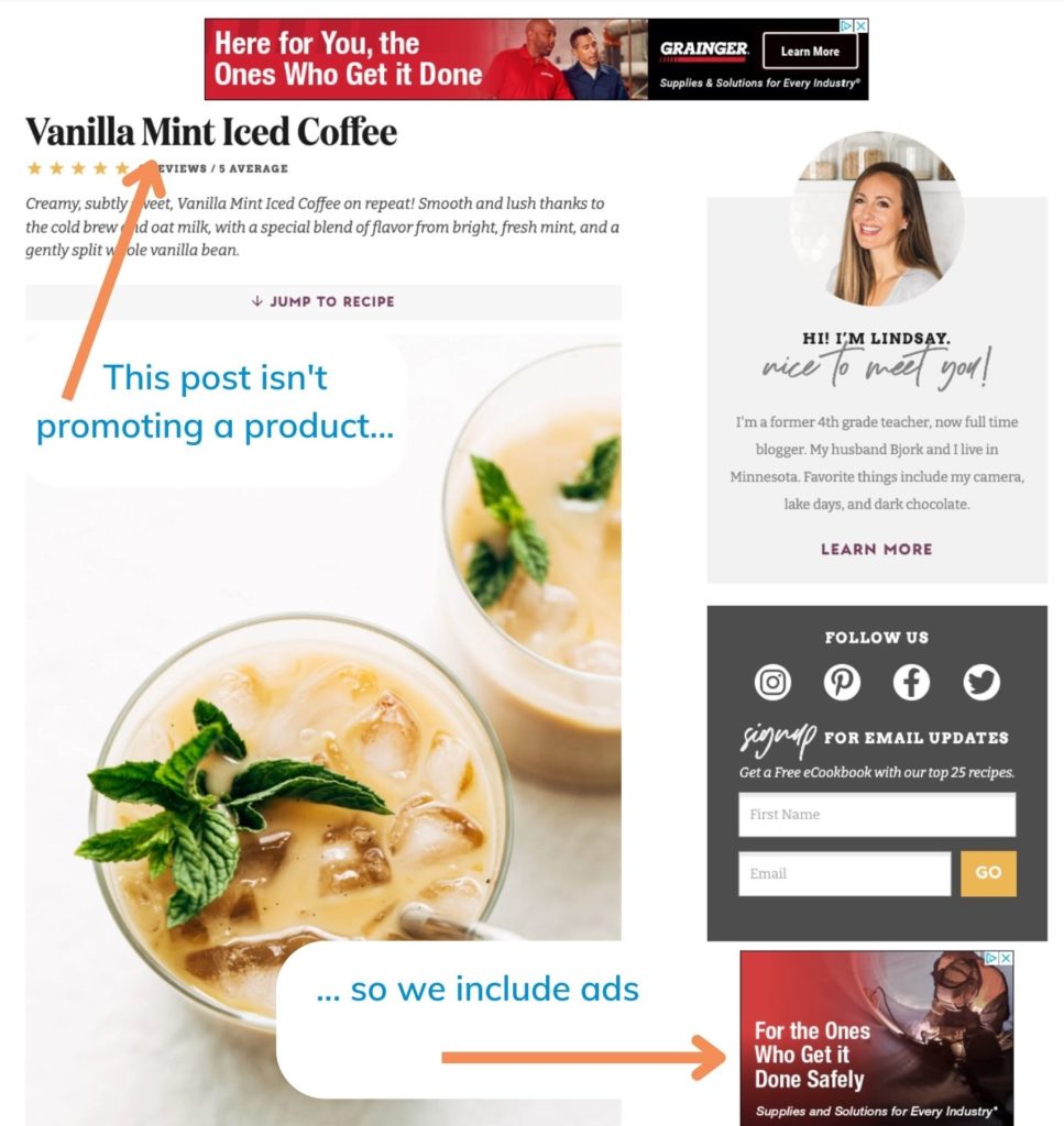 Vanilla mint iced coffee blog post on Pinch of Yum with ads on the side bar
