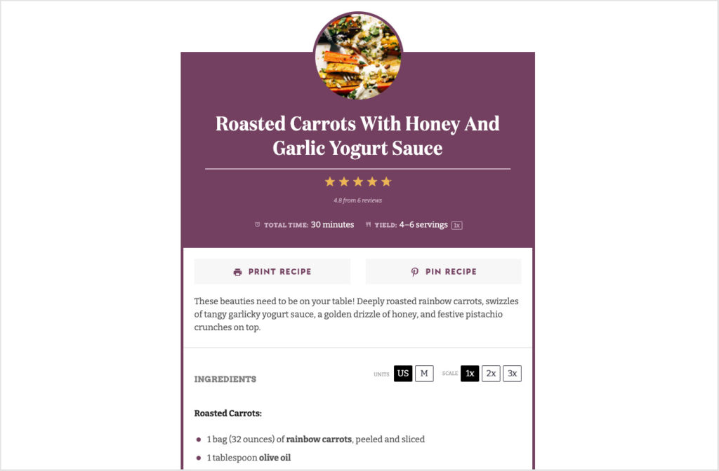 Roasted Carrots with Honey and Garlic Yogurt sauce recipe card on Pinch of Yum