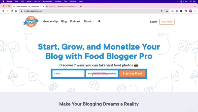 Email opt-in on the Food Blogger Pro homepage with a name and email filled out