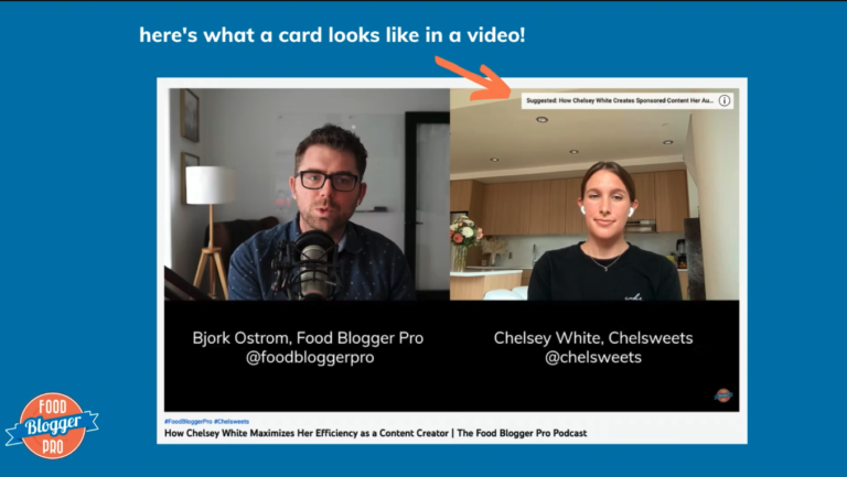 Blue slide with Food Blogger Pro logo with an example of a card in a YouTube video