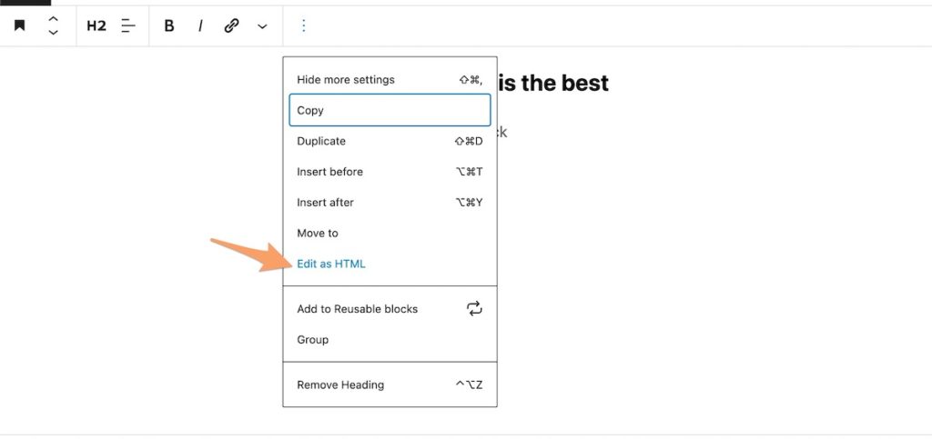 an arrow pointing to the 'Edit as HTML' button in the WordPress options