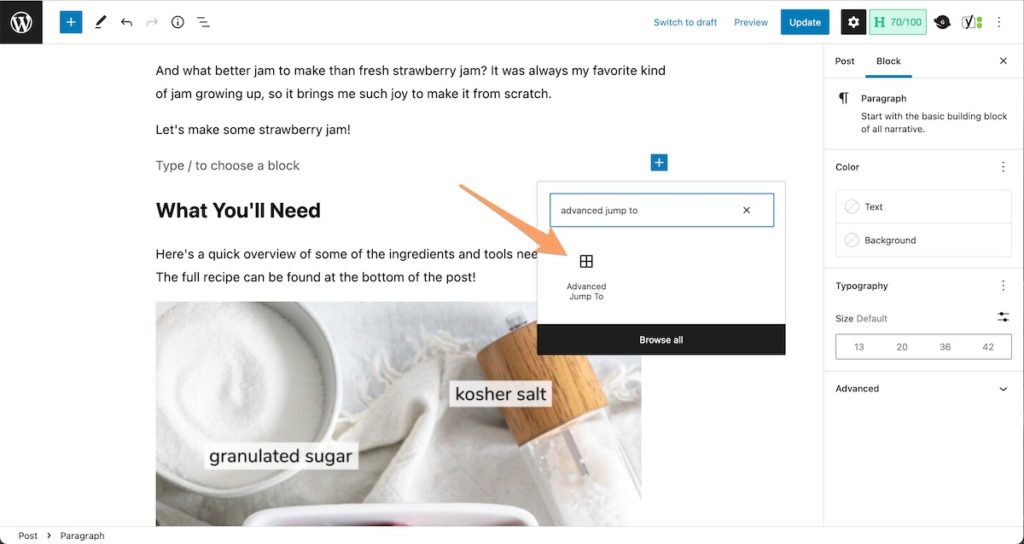 an orange arrow pointing to the Feast Plugin Advanced Jump To WordPress Block