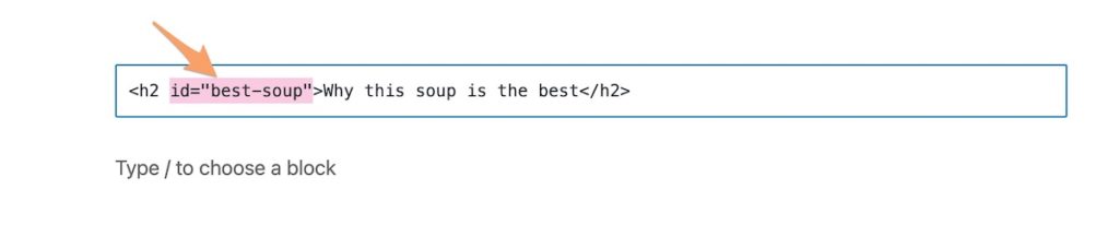 an orange arrow pointing to the ID tag in an h2 on WordPress