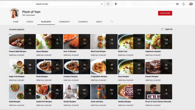 Playlists on the Pinch of Yum YouTube channel