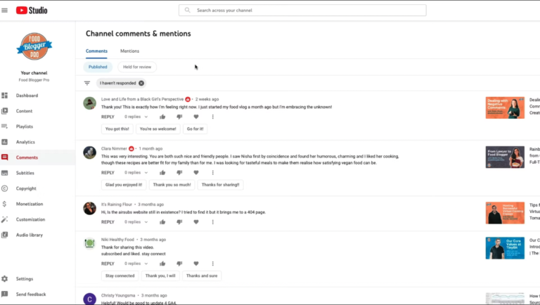 Comment area within YouTube Studio
