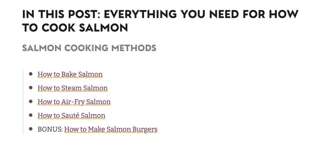 table of contents in a blog post about cooking salmon on Pinch of Yum