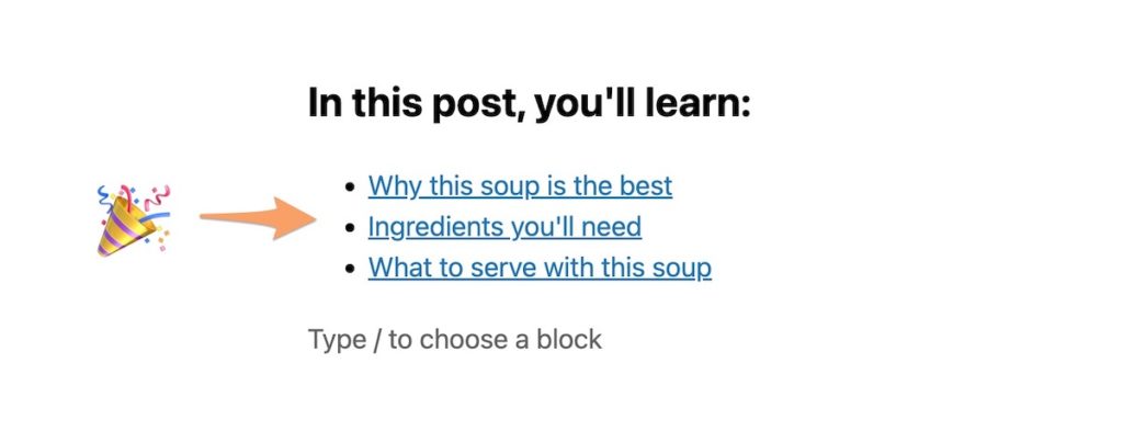 a tada emoji and orange arrow pointing at a table of contents on WordPress