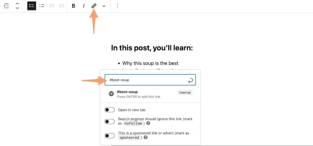 two orange arrows pointing to the WordPress link button and adding an anchor link to a bulleted item