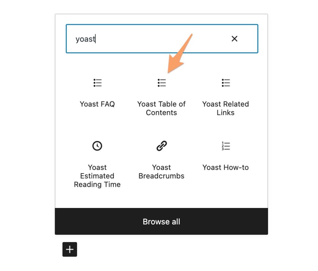 an orange arrow pointing to the WordPress Yoast SEO Table of Contents block