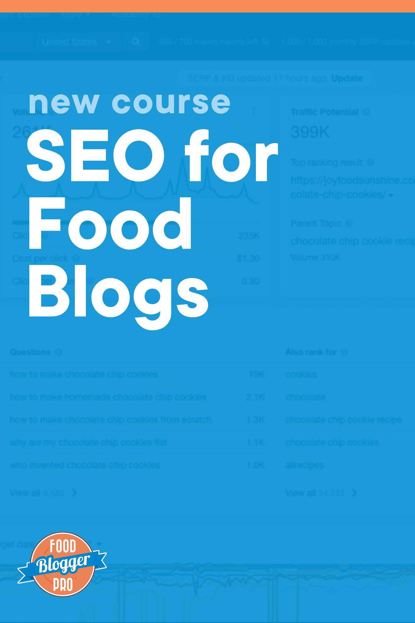 Blue image of Ahrefs keyword search with the text "New Course: SEO for Food Blogs" and the food blogger pro logo