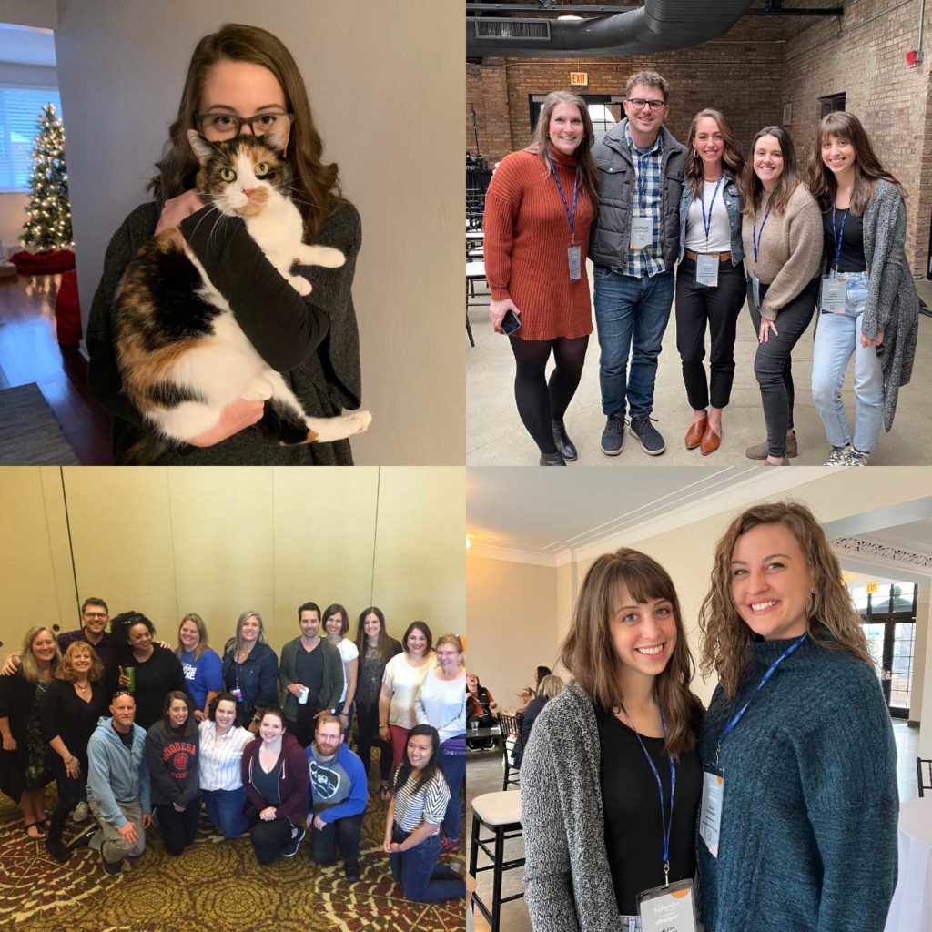 Collage of four photos of Alexa Peduzzi with her cat, coworkers, and friends