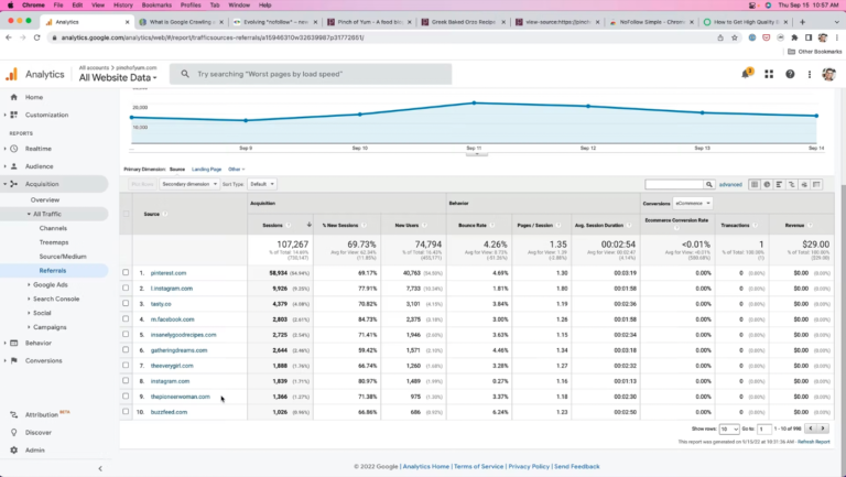 Referrals on the Pinch of Yum Google Analytics page