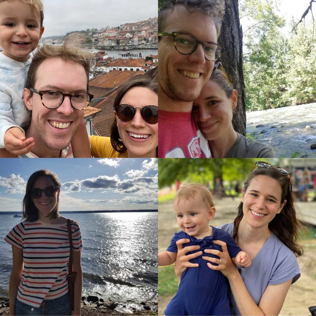Collage of four photos of Emily Walker with her husband and son