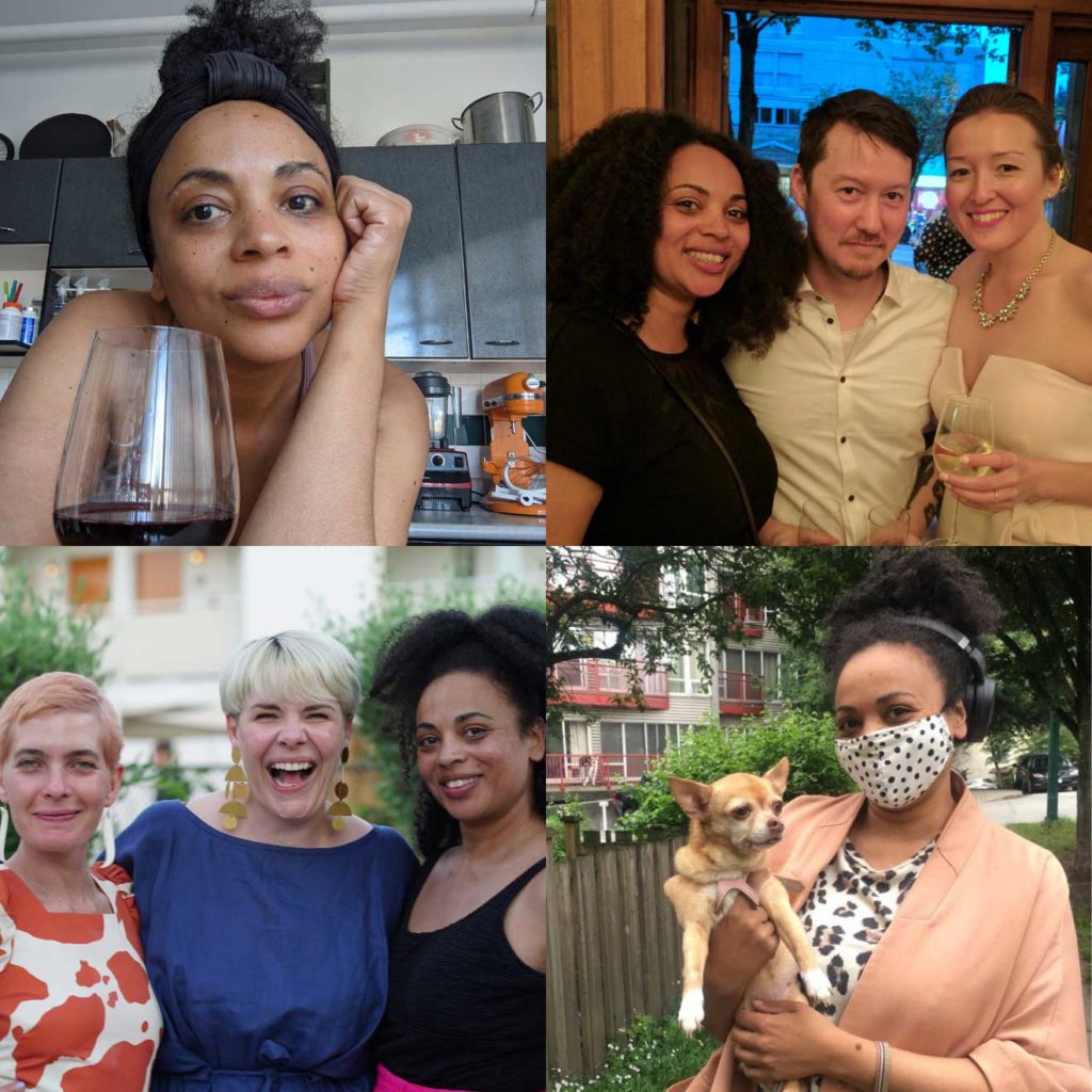 Collage of four photos of Jasmine Lukuku with her dog, family, and friends