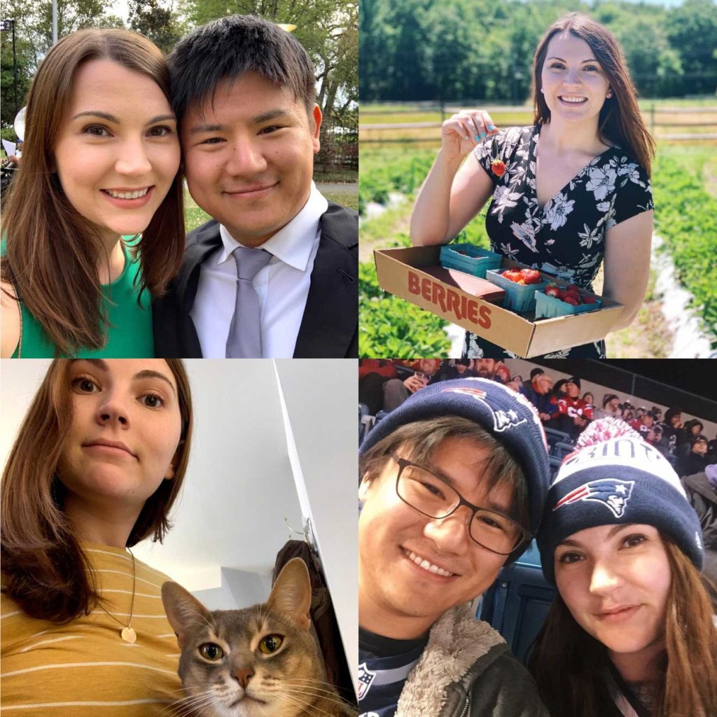 Collage of four photos of Leslie Jeon with her husband and cat