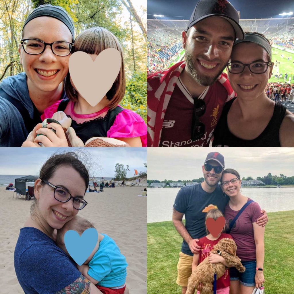 Collage of four photos of Mary Rochow with her husband, daughter, and dog