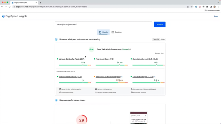 Core Web Vitals for Pinch of Yum