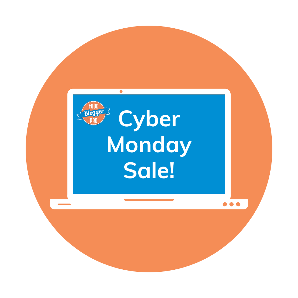 an orange circle with a computer icon and the words 'Cyber Monday Sale!' on the screen