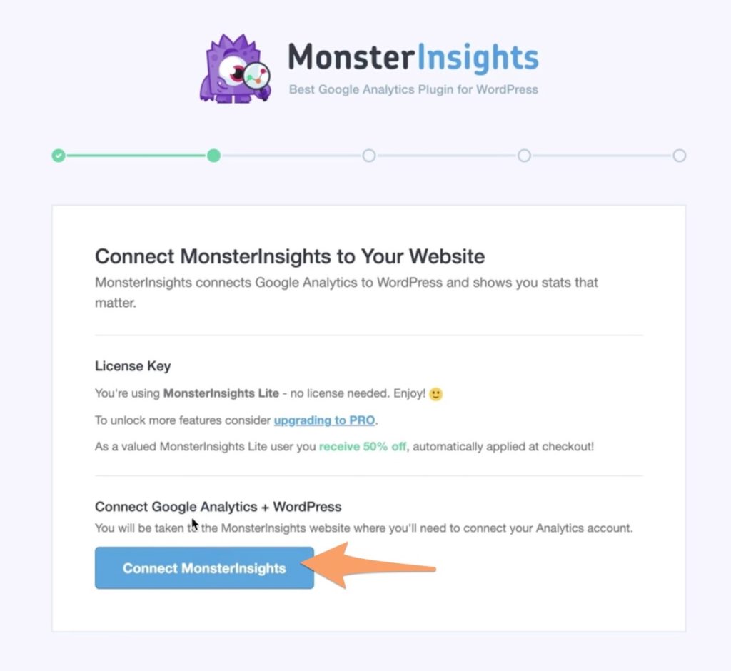the Connect MonsterInsights to your Website page in the MonsterInsights setup wizard