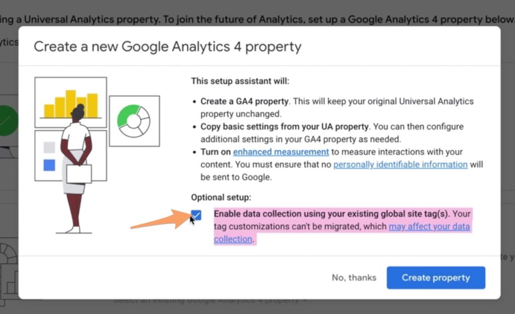 an orange arrow pointing to the 'enable data collecting using your existing global site tag(s) checkbox for Google Analytics 4