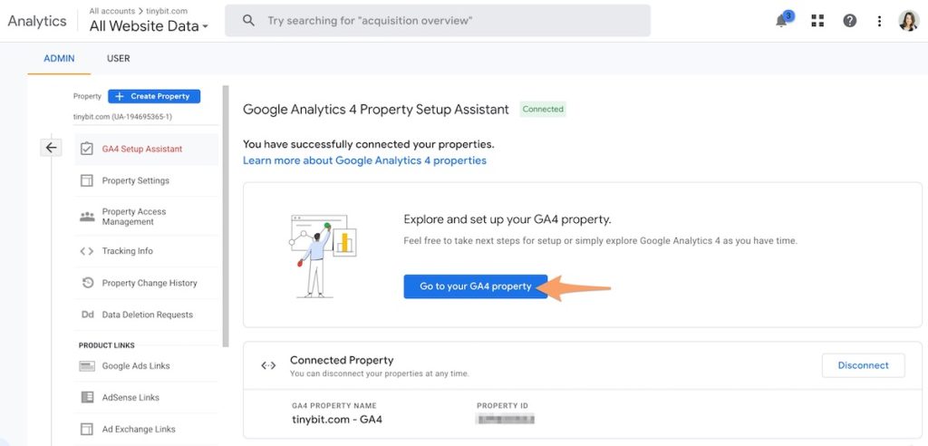 the Go to GA4 property button on GA4