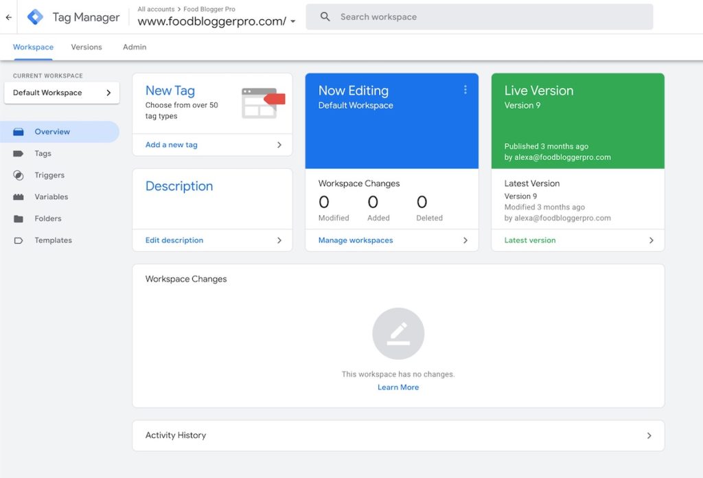 the Google Tag Manager account dashboard
