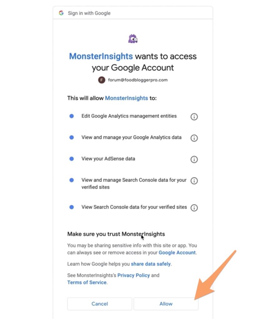 MonsterInsights Gmail permissions with an orange arrow pointing to allow