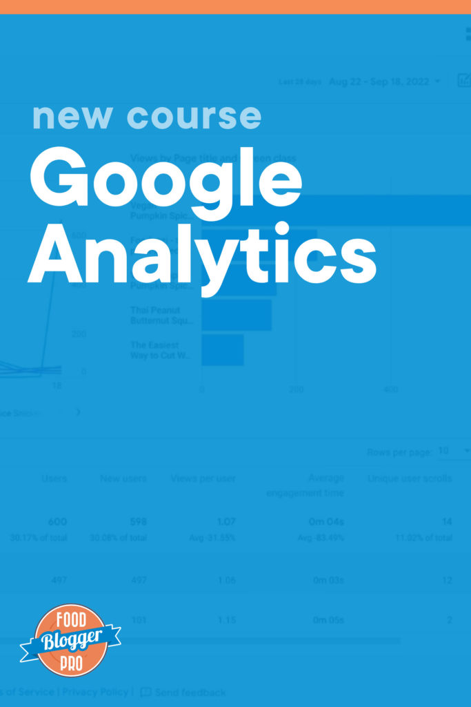Google Analytics 4 against a blue background and text that reads 'New Course: Google Analytics'