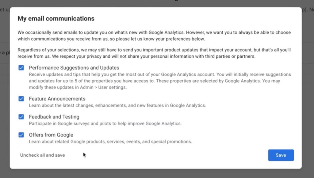 The email customization modal in Google Analytics