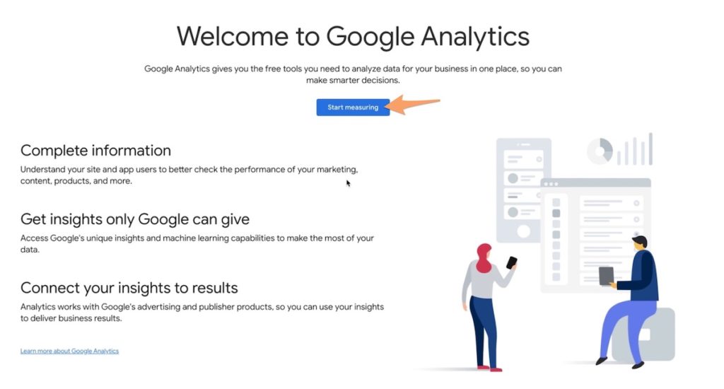 Google Analytics homepage with an orange arrow pointing to the Start Measuring button
