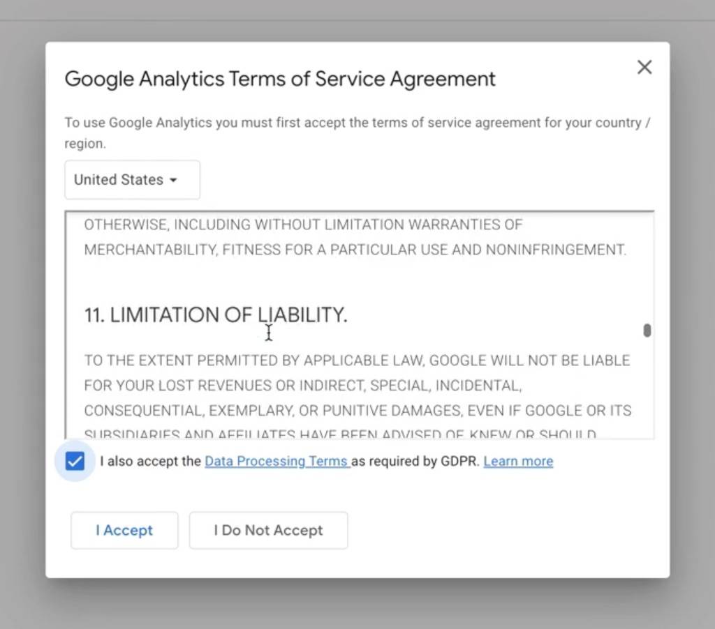The terms of service agreement for Google Analytics