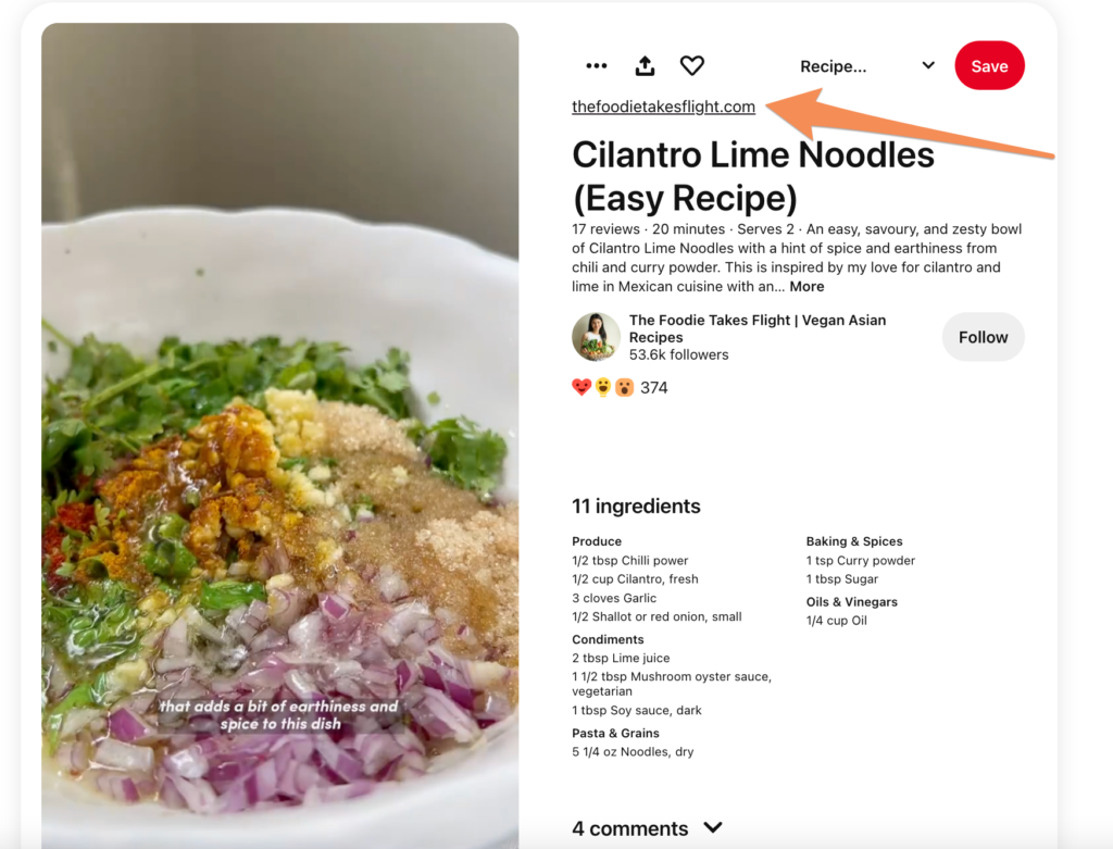 Idea Pin of a Cilantro Lime Noodles Recipe with an arrow pointing towards the website link.