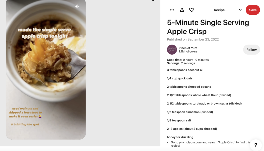 A screenshot of a recipe Idea Pin, including the ingredients, servings, and cook time.