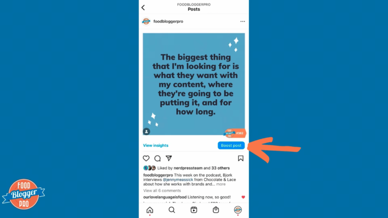 Blue slide with Food Blogger Pro logo with an overview of how to boost a post on Instagram