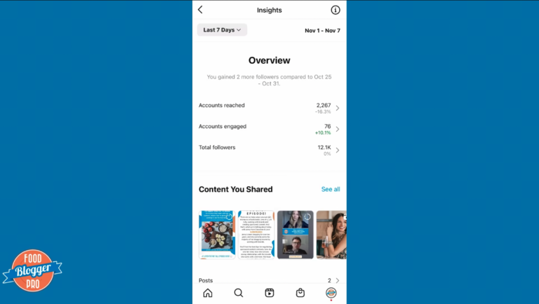 Blue slide with Food Blogger Pro logo showing the analytics area in Instagram