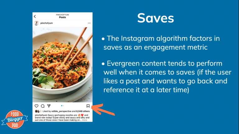 Blue slide with Food Blogger Pro logo with an overview of how saves work on Instagram
