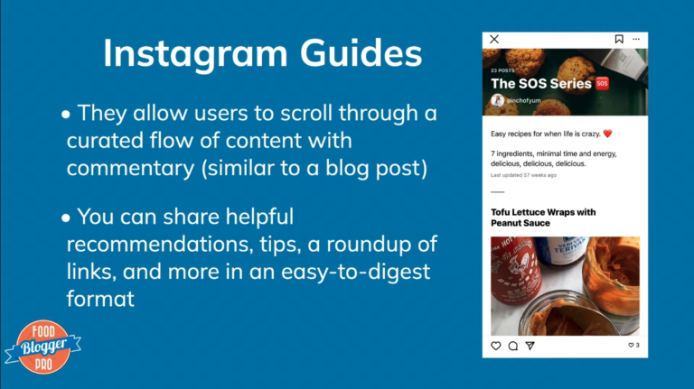 Blue slide with Food Blogger Pro logo with an overview of what Instagram Guides are
