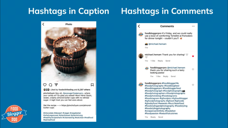Blue slide with Food Blogger Pro logo with screenshots of what hashtags look like on Instagram